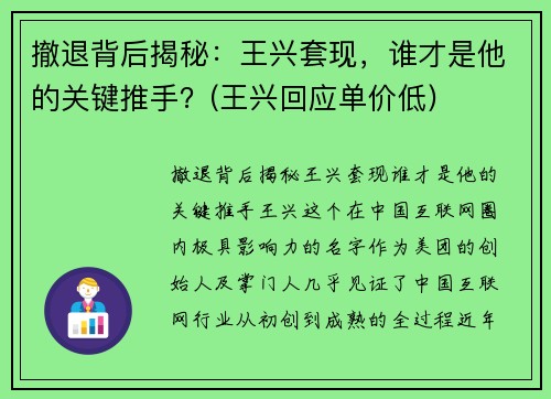 撤退背后揭秘：王兴套现，谁才是他的关键推手？(王兴回应单价低)